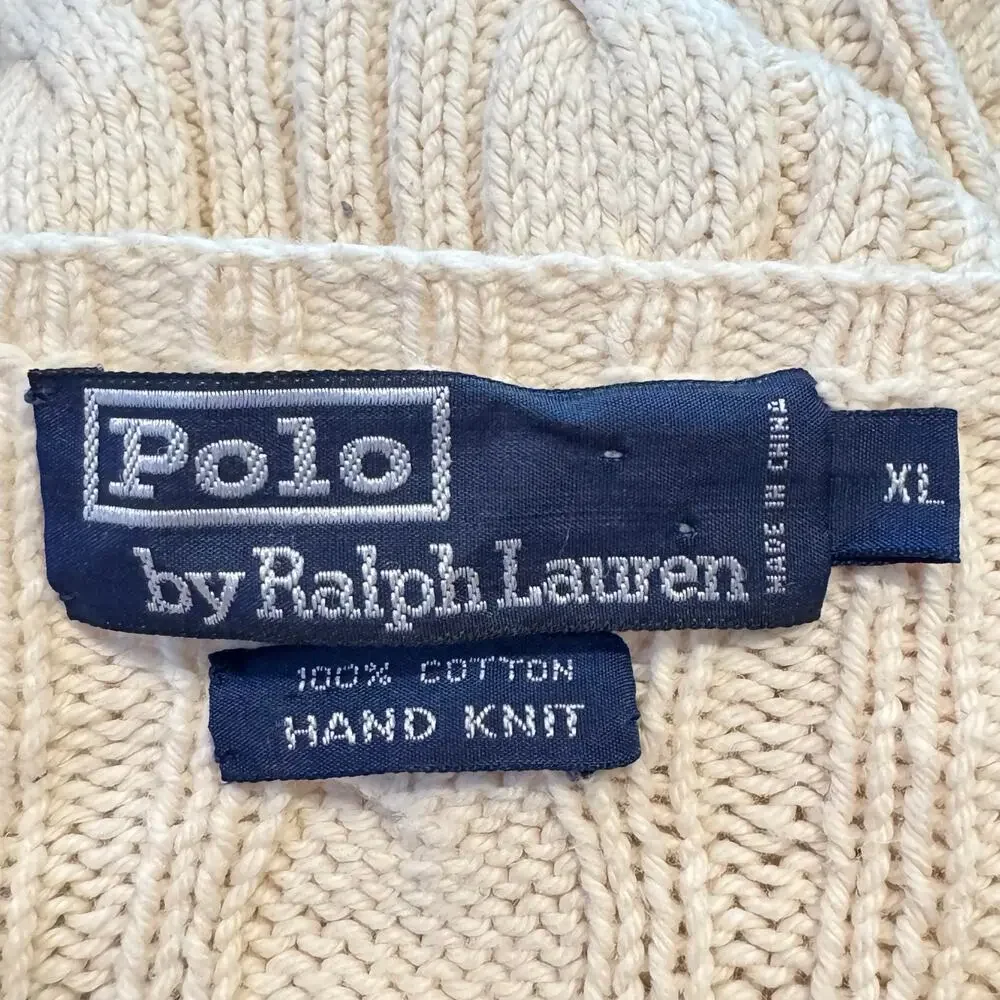 Vintage Polo Ralph Lauren Hand Knit Cream Cotton Cable Knit V-Neck XL Sweater